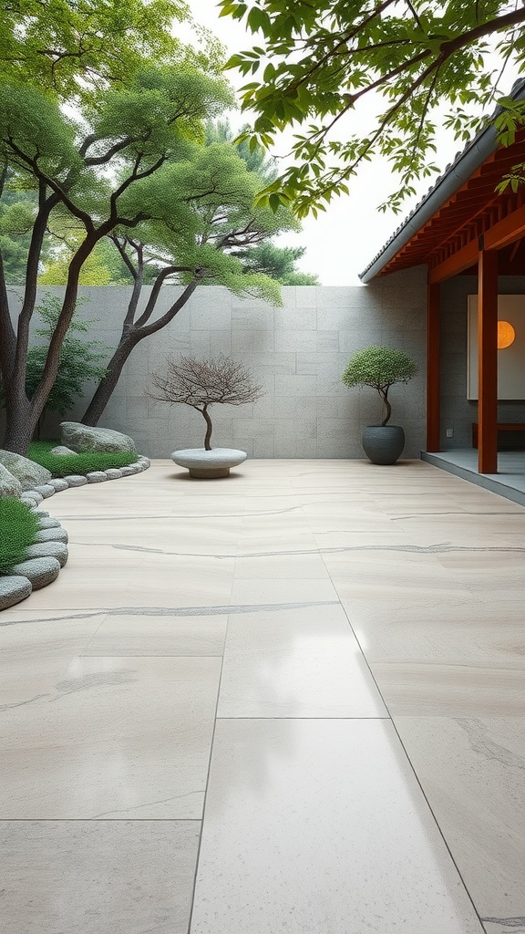 A serene Zen garden-inspired epoxy floor design featuring soft tones and natural patterns.