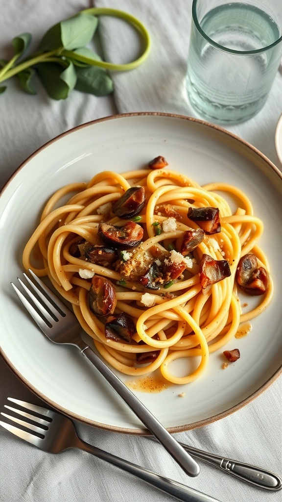 A plate of creamy vegan pasta topped with caramelized onions and fresh herbs.