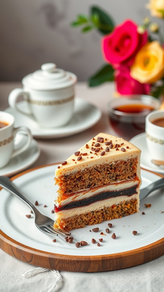 Slice of Neapolitan cake with chocolate shavings on top