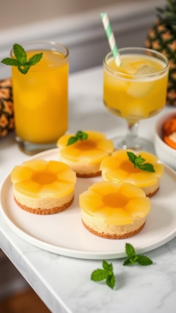 Mini pineapple upside-down cheesecakes on a plate with drinks