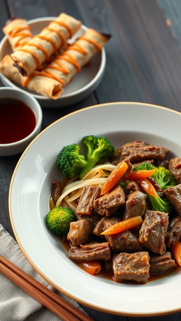 A delicious plate of beef and broccoli lo mein with vibrant vegetables and noodles.