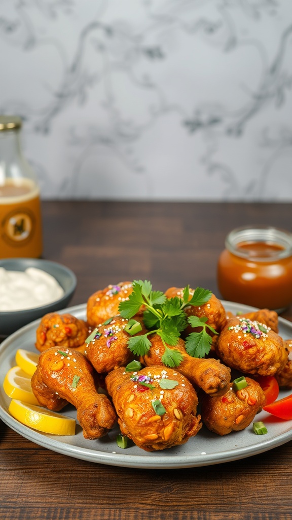 A plate of crispy Bang Bang chicken garnished with fresh herbs and served with lemon wedges.