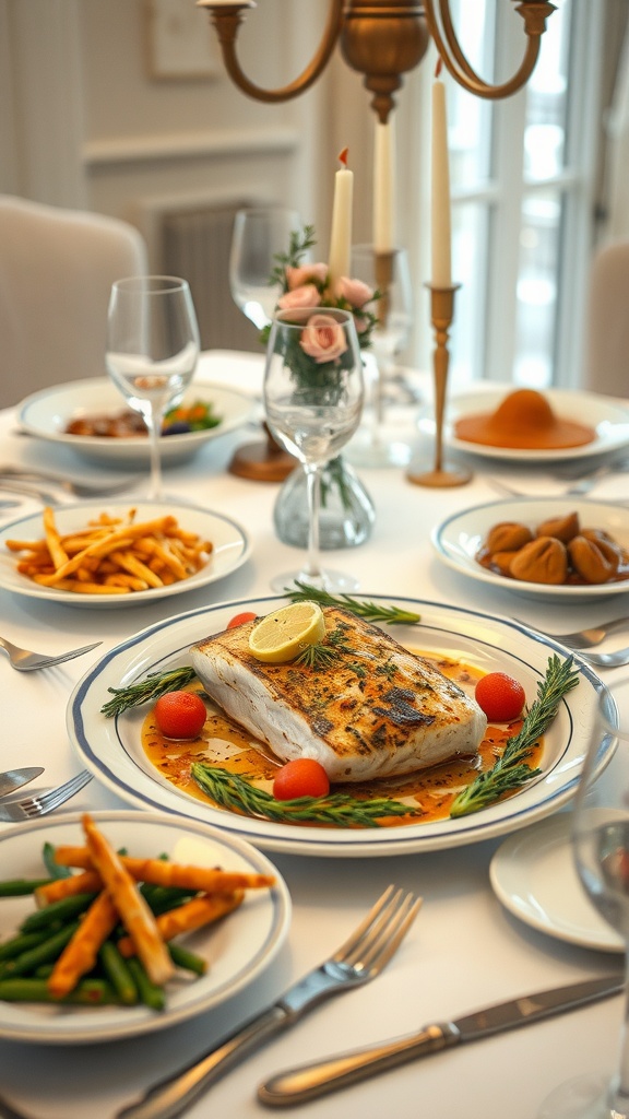 A beautifully arranged dinner table featuring Lemon Butter Baked Cod with side dishes.