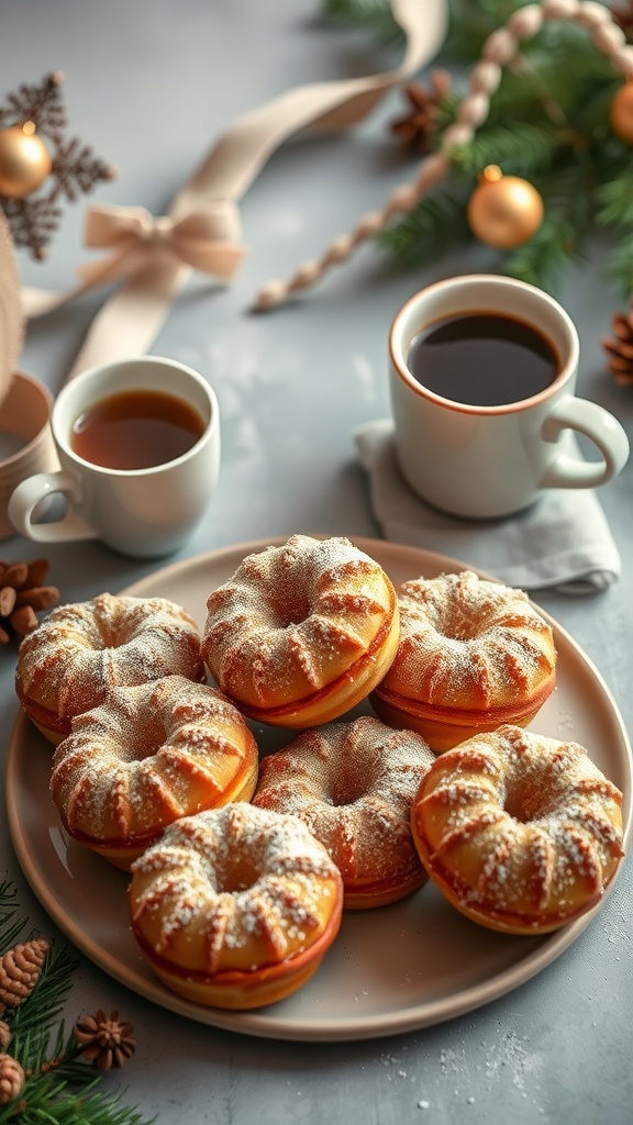 Delicious cinnamon sugar donut muffins on a plate with coffee cups