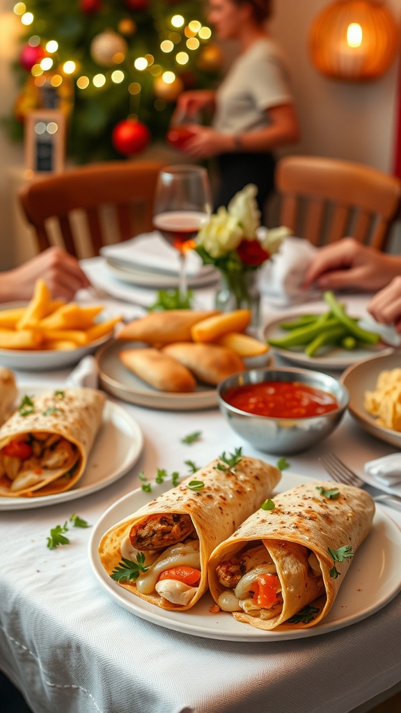 Cheesy garlic chicken wraps served on a table with additional sides and a festive background.