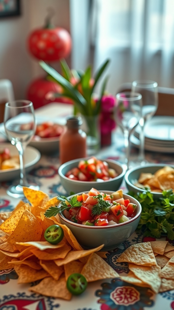 A vibrant bowl of pico de gallo surrounded by tortilla chips and fresh ingredients on a colorful table.