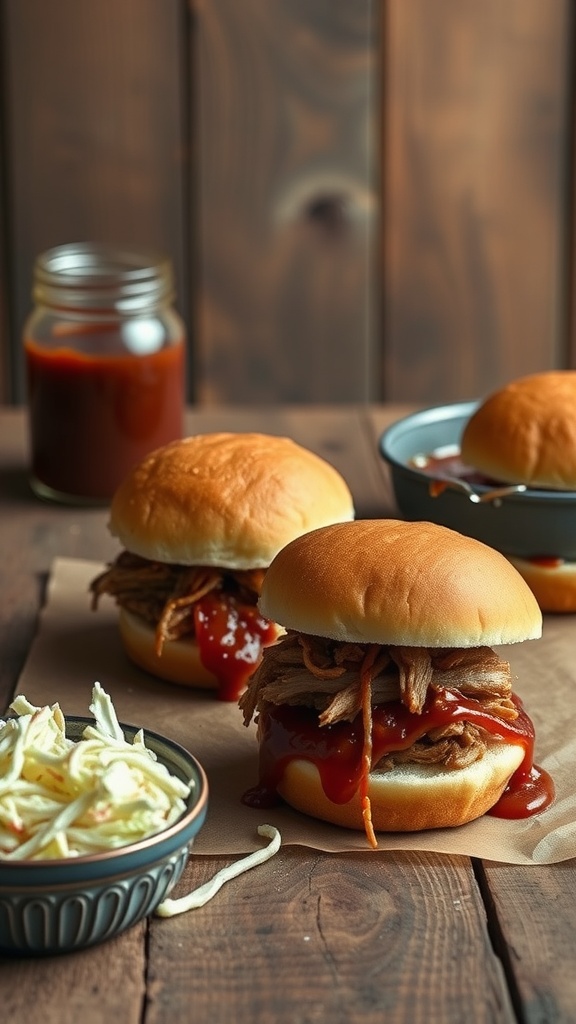 Pulled pork sandwiches with coleslaw and barbecue sauce.
