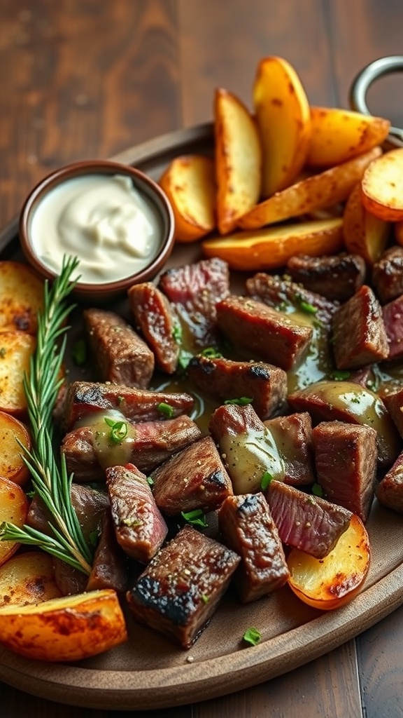 Delicious garlic butter steak bites served with roasted potatoes and a creamy dip.