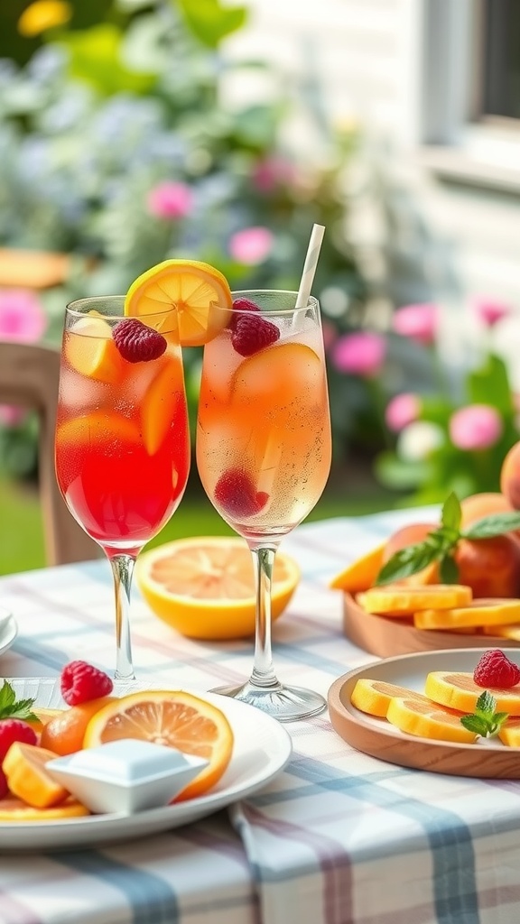 Two glasses of refreshing homemade raspberry peach lemonade with ice and fruit garnishes.