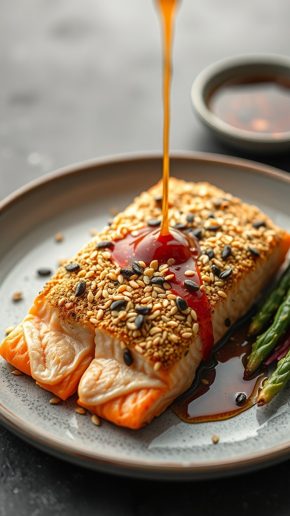 A plate of sesame crusted salmon drizzled with dill soy sauce, accompanied by vegetables.
