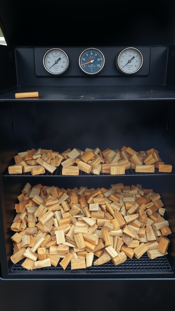 A smoker filled with wood chunks, ready for low and slow cooking.
