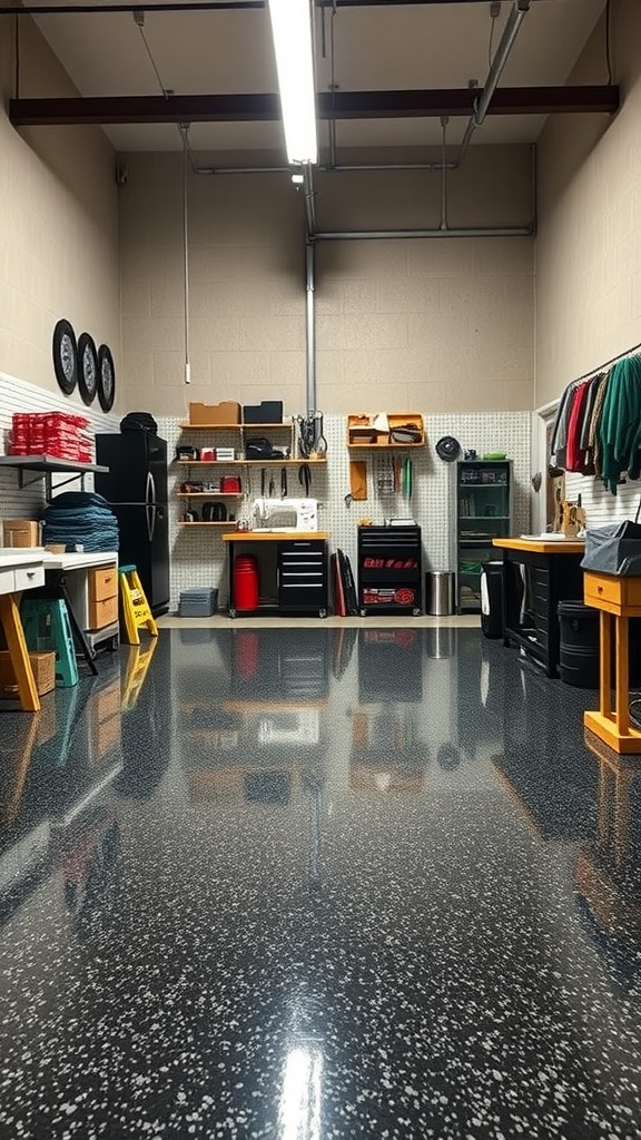 A well-organized garage workshop with clean epoxy flooring, showcasing a sewing and crafting area.