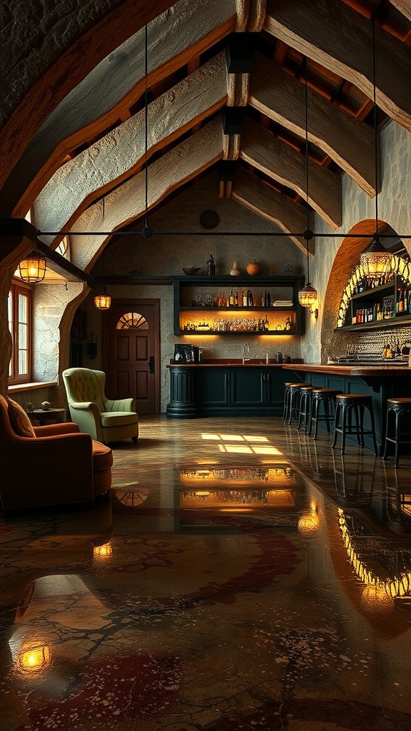 A rustic bar interior featuring polished epoxy flooring, warm lighting, and stone walls.