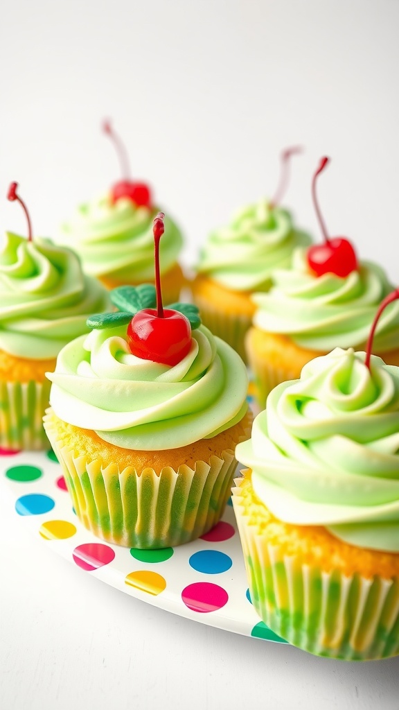 Cupcakes decorated with green frosting, topped with cherries on a colorful plate.