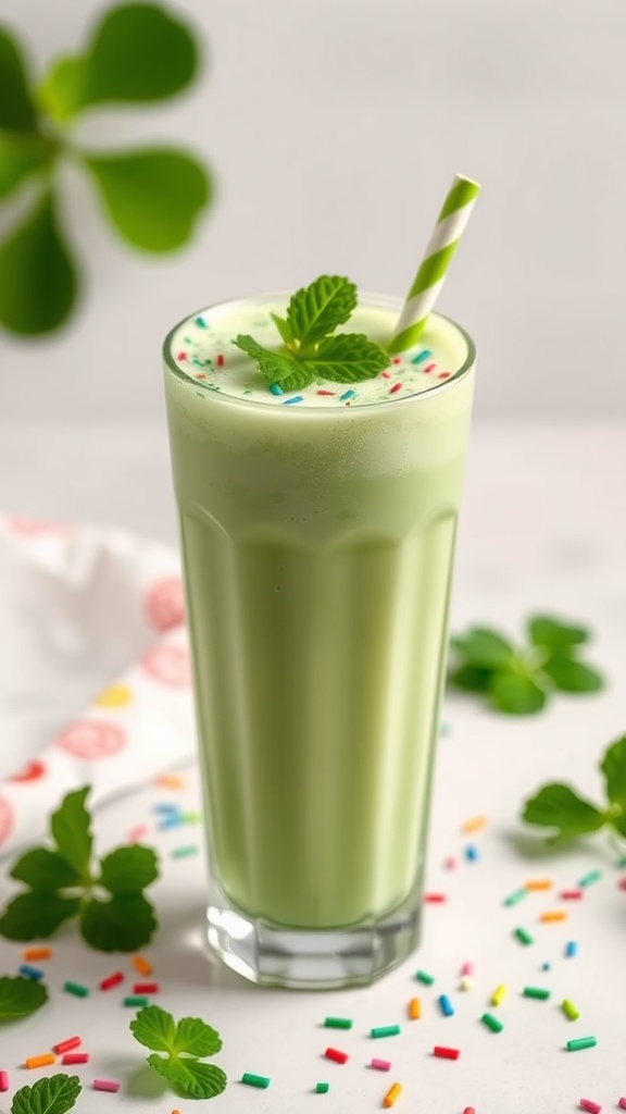 A refreshing Shamrock Shake Mocktail in a tall glass topped with whipped cream and mint leaves
