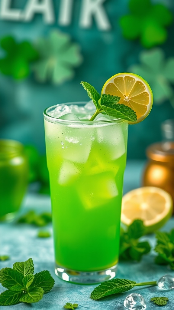 A refreshing green mocktail with mint and lemon garnishes