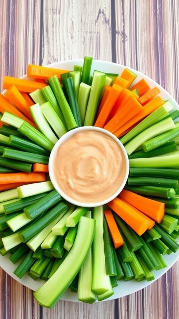 A vibrant Shamrock Veggie Platter featuring celery, cucumber, and carrot sticks arranged in a shamrock shape with a dip in the center.