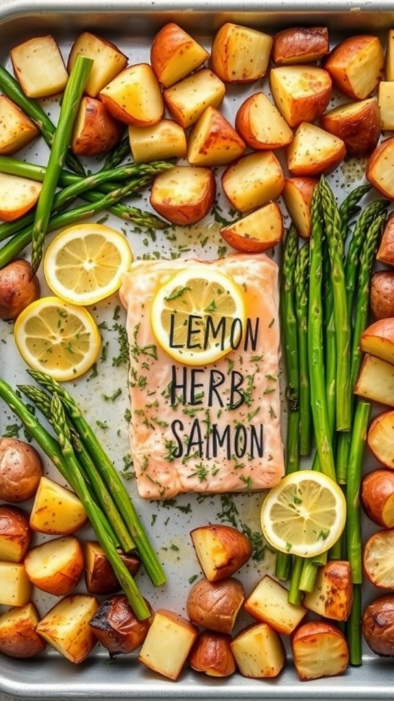 A delicious sheet pan meal featuring salmon, lemon, herbs, potatoes, and asparagus.