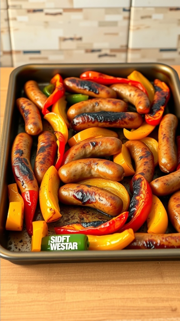 Sheet pan with cooked sausages and colorful bell peppers