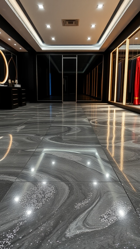 A beautifully designed epoxy concrete floor with glitter accents, reflecting light and enhancing the modern aesthetic of a spacious interior.