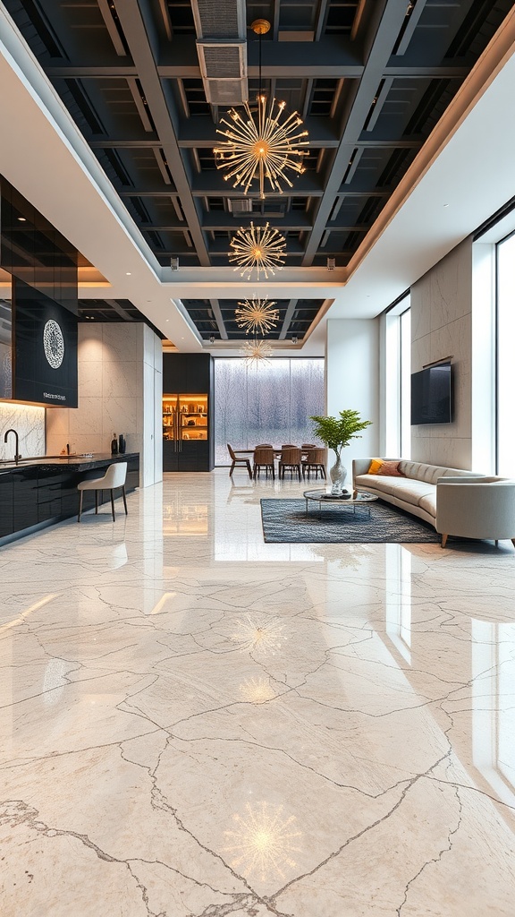 A modern interior space featuring a shimmering marble epoxy floor, elegant furniture, and decorative lighting.