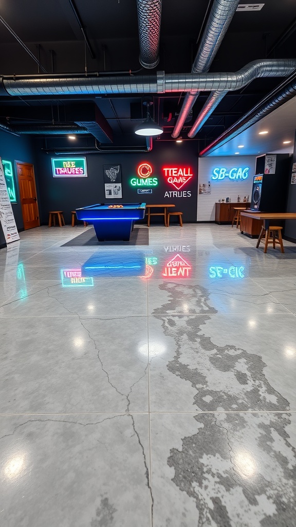 A modern game room basement featuring a seamless metallic epoxy floor with neon signs on the walls.