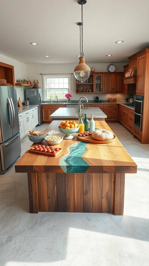 Modern farmhouse kitchen with a wooden island table featuring epoxy resin design, complemented by epoxy flooring.