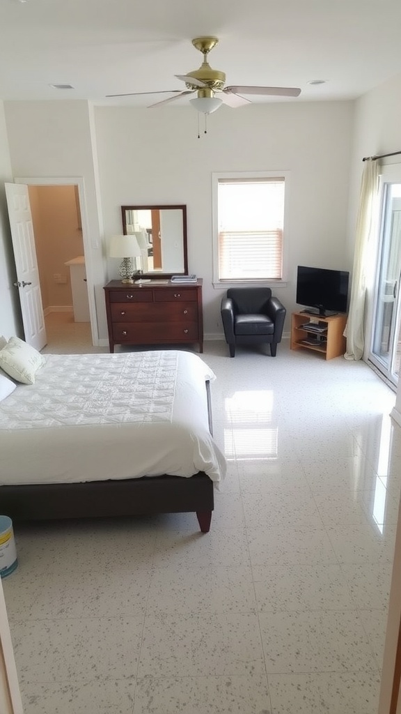 A beautifully decorated bedroom featuring epoxy floors with a wooden pattern and white marbling, complemented by a stylish light fixture and decorative accents.