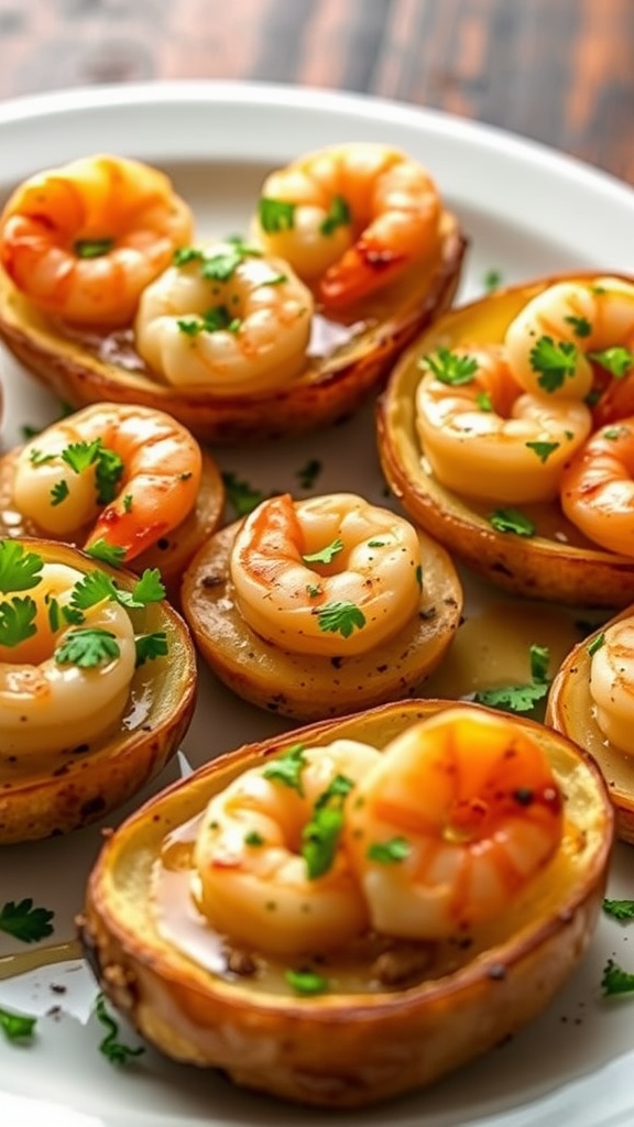 Shrimp scampi potato skins on a white plate garnished with parsley