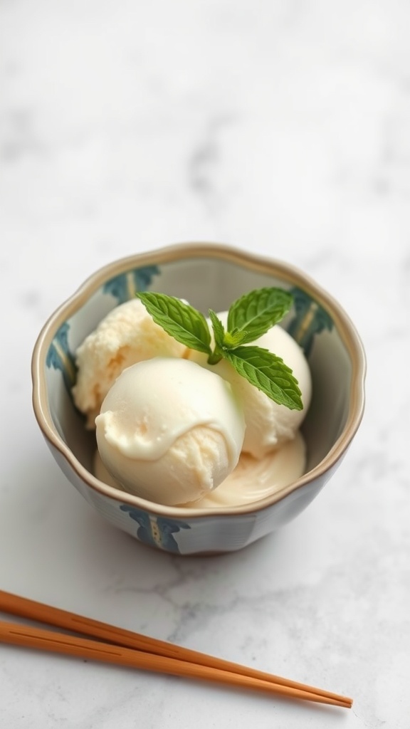 A bowl of vanilla bean ice cream garnished with mint leaves.