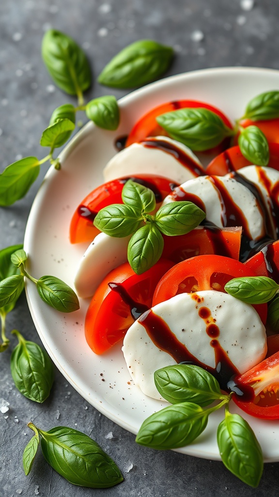 A vibrant Caprese salad featuring slices of fresh mozzarella, ripe tomatoes, and basil leaves drizzled with balsamic glaze.