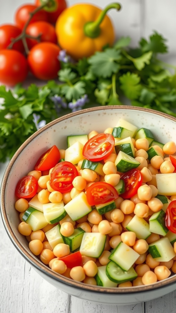 A colorful chickpea salad with tomatoes, cucumbers, and bell peppers.