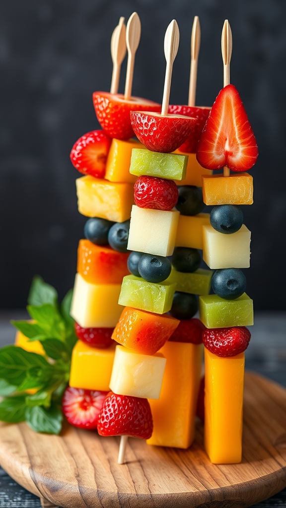 Colorful fruit skewers with strawberries, pineapple, green melon, mango, and blueberries.