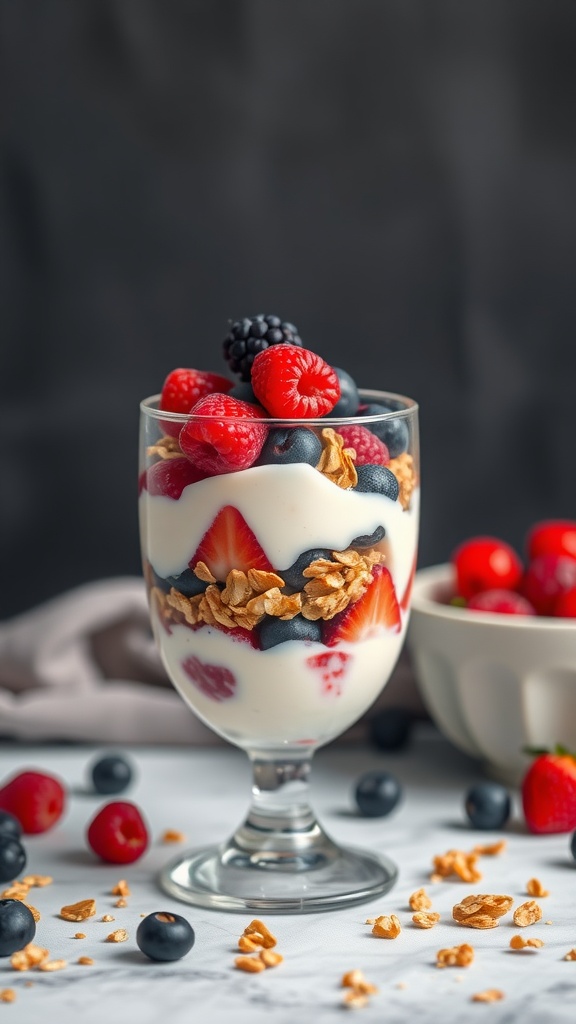 A colorful Greek yogurt parfait with layers of yogurt, berries, and granola.