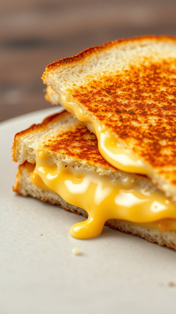 A deliciously crisp grilled cheese sandwich with gooey melted cheese