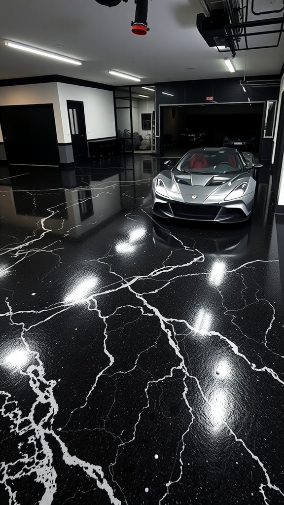 A luxury garage with a black marble epoxy floor, featuring modern lighting and sleek design.