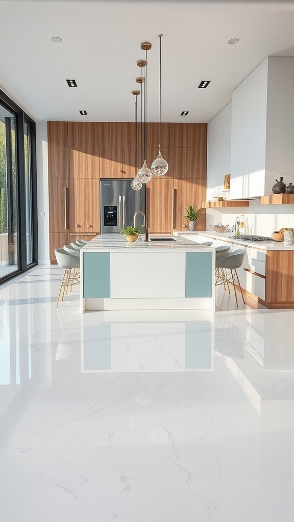 Modern kitchen with glossy sky blue epoxy floor, wood cabinetry, and stylish kitchen island.