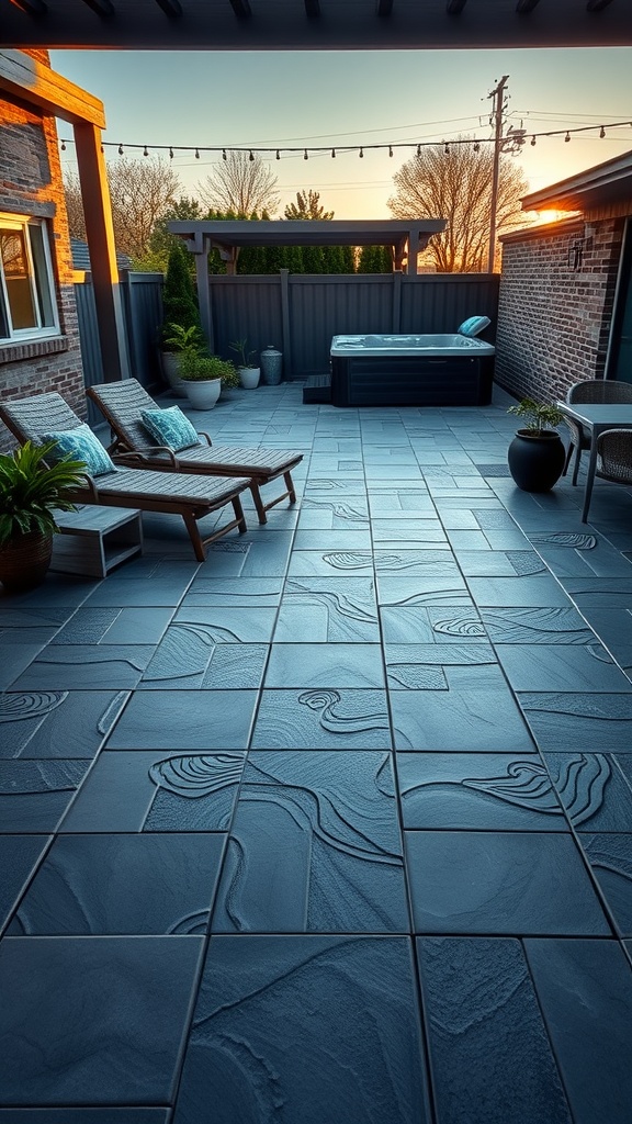 Sky blue epoxy patio floor with cloud patterns, featuring lounge chairs and a hot tub in a cozy outdoor setting.