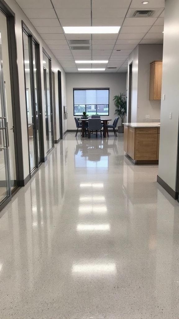 A modern hallway featuring sleek clear epoxy flooring, showcasing a polished and reflective surface.