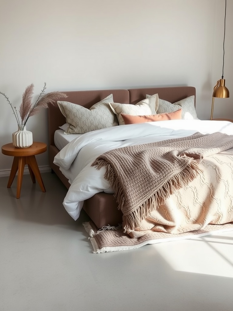 Cozy bedroom with matte epoxy floors and warm lighting, featuring decorative elements and unique floor text.