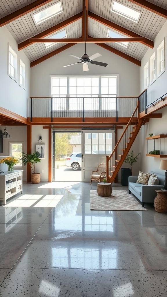 Beautiful urban farmhouse living room featuring high ceilings, large windows, and sleek epoxy flooring.