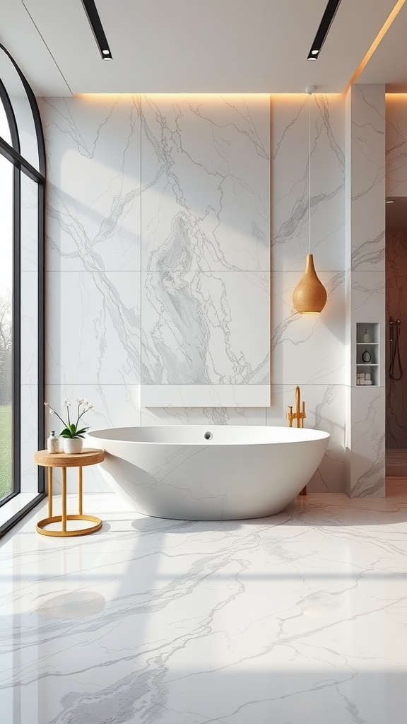 Modern bathroom featuring glossy gray epoxy flooring, a freestanding tub, and minimalist design elements.