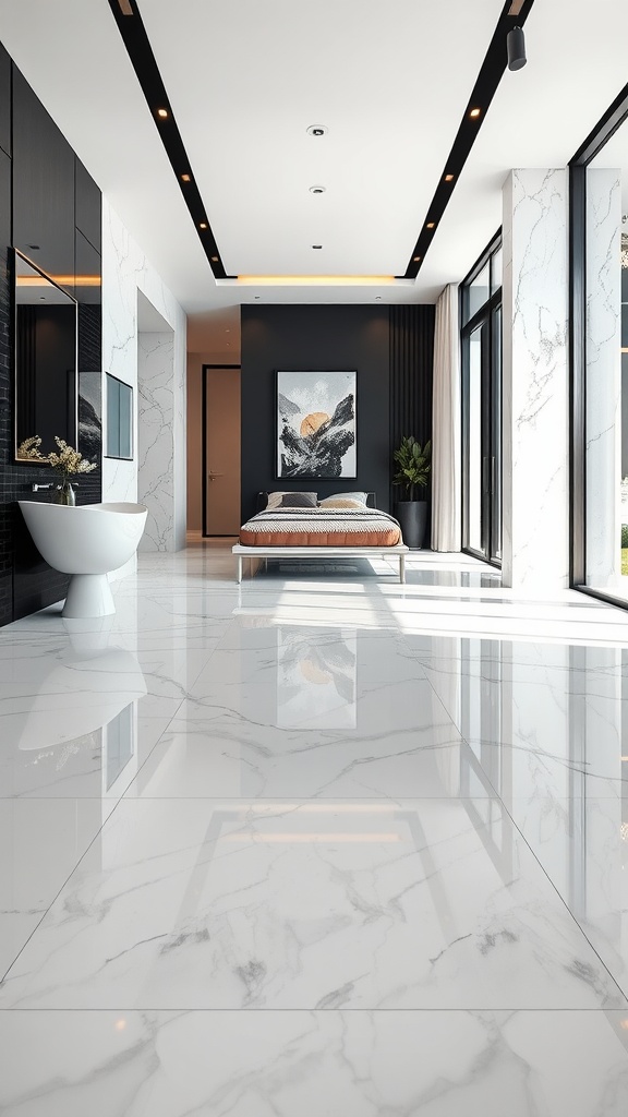 Modern room with sleek black and white contrast featuring marble epoxy flooring