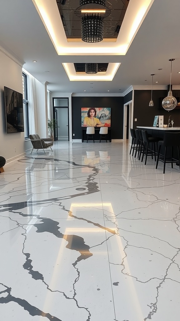 A polished resin floor featuring a sleek black and white marble design in a modern interior space.