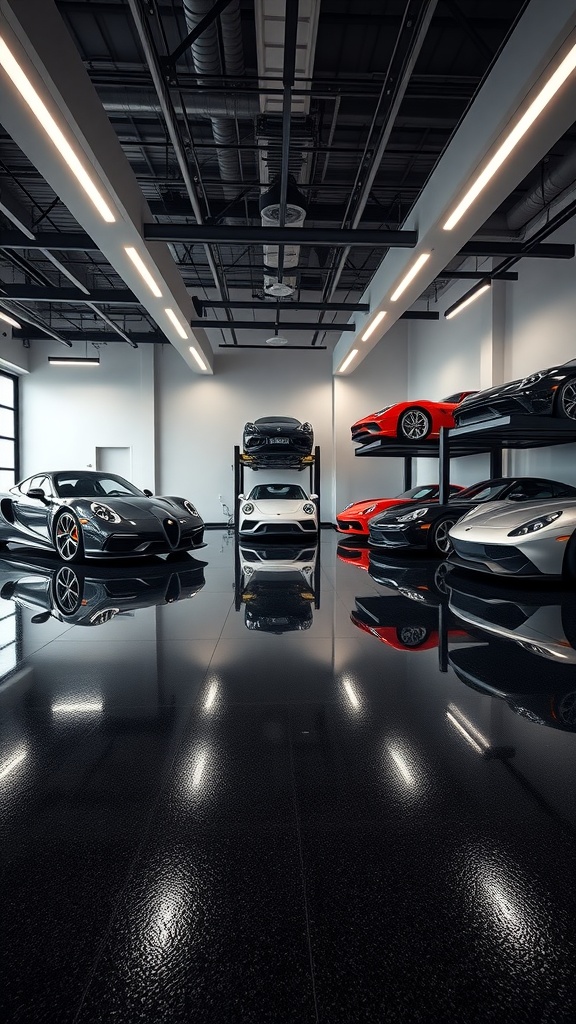 A modern garage with a sleek black epoxy floor, showcasing several luxury cars.