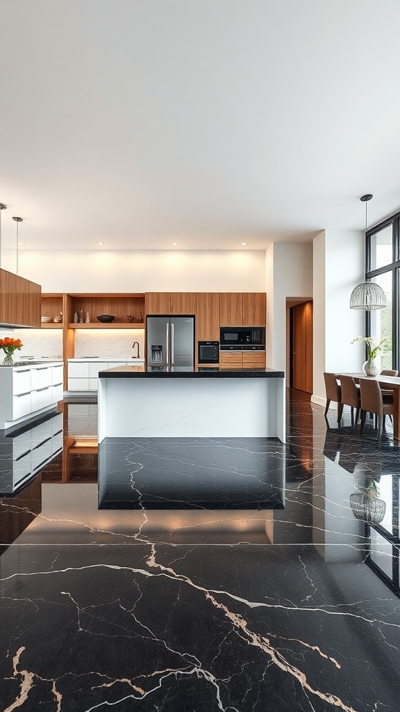 Modern kitchen with sleek black marble epoxy floor and elegant cabinetry.