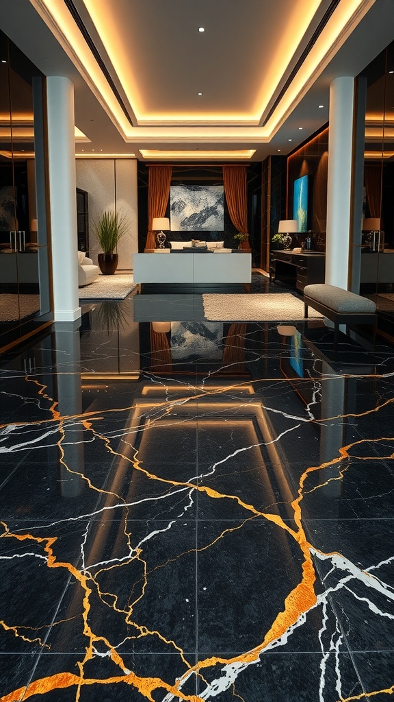 Interior featuring sleek black marble floor with gold veining under warm lighting.