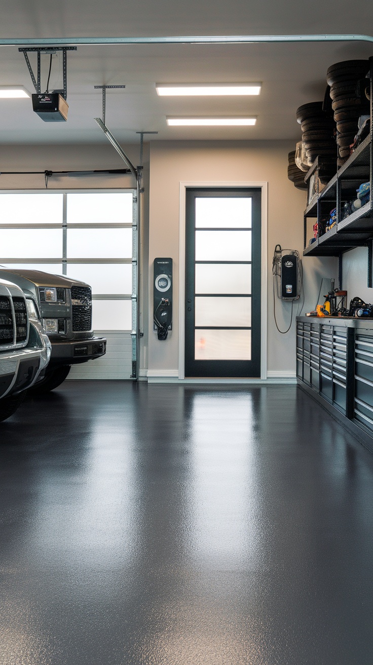 A sleek charcoal gray epoxy floor in a modern garage setting.