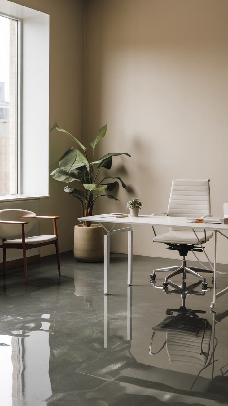A sleek charcoal gray epoxy floor in a modern office setting with minimalistic furniture.
