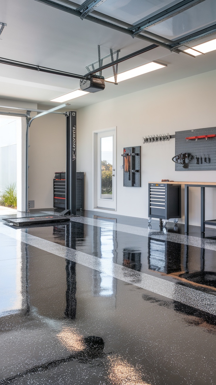 A modern garage with sleek charcoal epoxy floor featuring silver highlights, showcasing a clean and organized space.